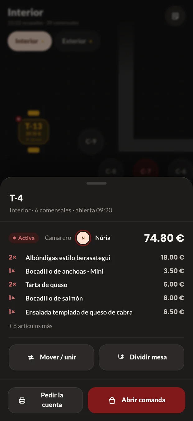 Detall de taula a Comanda Go