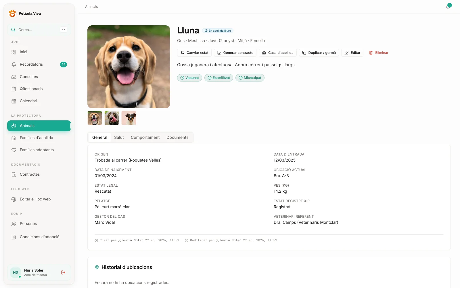 Fitxa d'un animal en un sistema de gestió de protectora