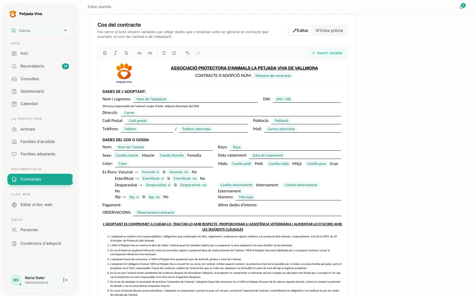 Constructor de plantilles de contracte amb etiquetes de variables